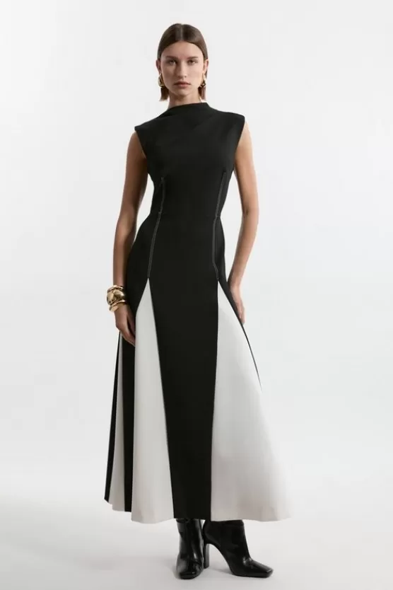 Best Sale Karen Millen Compact Stretch Tailored Color Block Full Skirted Midi Dress mono