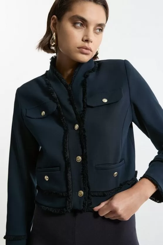 Clearance Karen Millen Compact Stretch Tailored Cropped Collarless Jacket navy