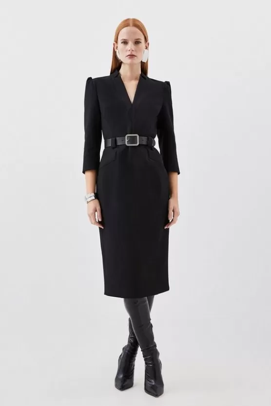 New Karen Millen Compact Stretch Tailored Forever Belted Midi Dress black