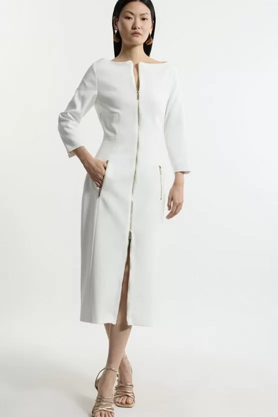 Sale Karen Millen Compact Stretch Tailored Long Sleeve Zip Through Maxi Dress ivory