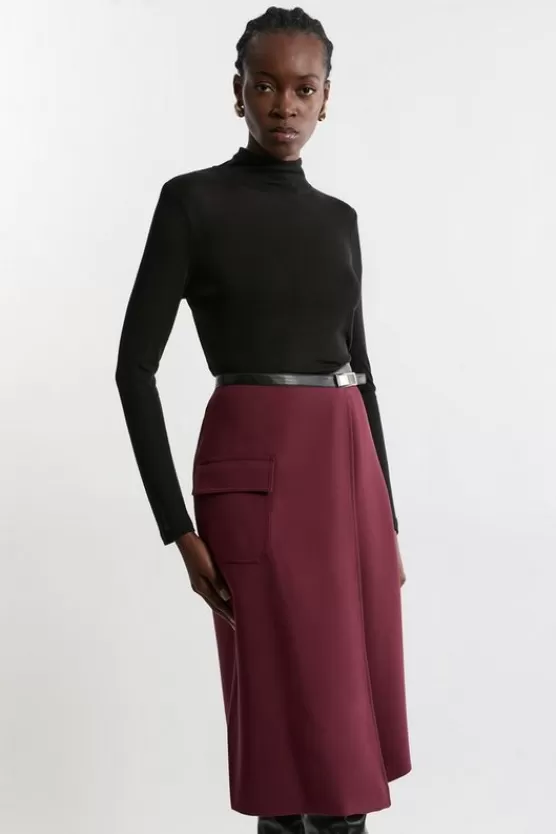 Cheap Karen Millen Compact Stretch Tailored Pu Tipped Wrap Midi Skirt fig