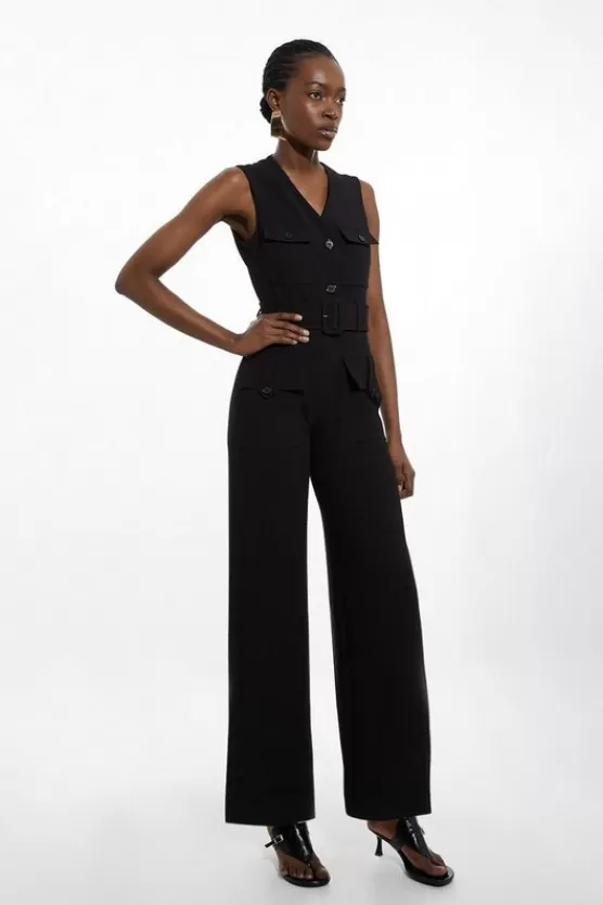 Outlet Karen Millen Compact Stretch Tailored Safari Belted Jumpsuit black