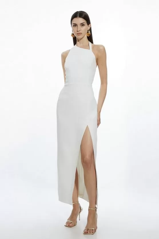 Best Karen Millen Compact Stretch Viscose Asymmetric Strap Tailored Midi Dress ivory