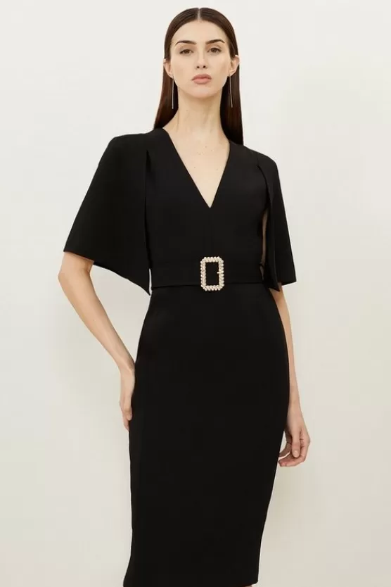 Flash Sale Karen Millen Compact Stretch Viscose Cape Pencil Midi Dress black