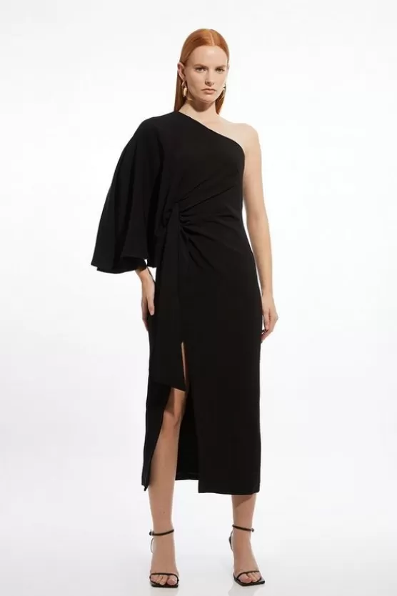 Fashion Karen Millen Compact Stretch Viscose Drape Sleeve One Shoulder Tailored Maxi Dress black