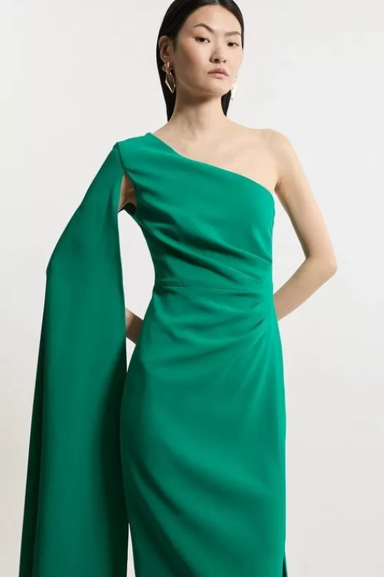 Cheap Karen Millen Compact Stretch Viscose One Shoulder Cape Maxi Dress green