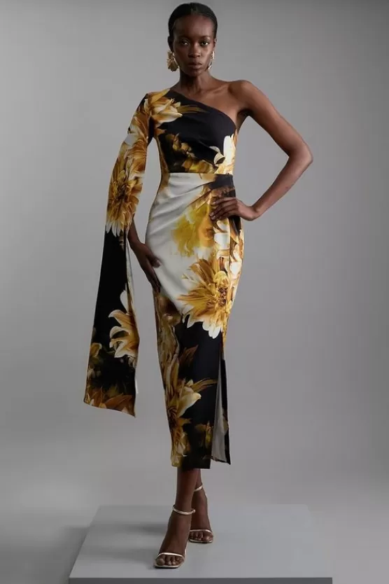 Flash Sale Karen Millen Compact Stretch Viscose Printed Photographic Floral One Shoulder Cape Maxi Dress multi