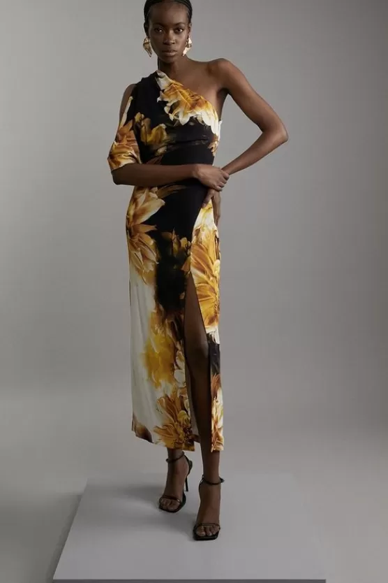 Clearance Karen Millen Compact Stretch Viscose Printed Photographic Floral One Shoulder Maxi Dress multi