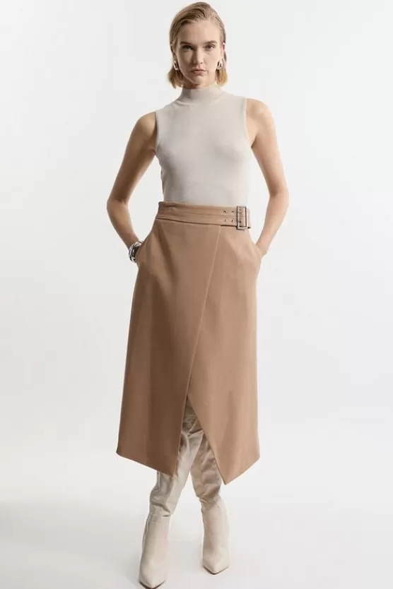 Discount Karen Millen Compact Stretch Wrap Over Belted Tailored Maxi Skirt camel