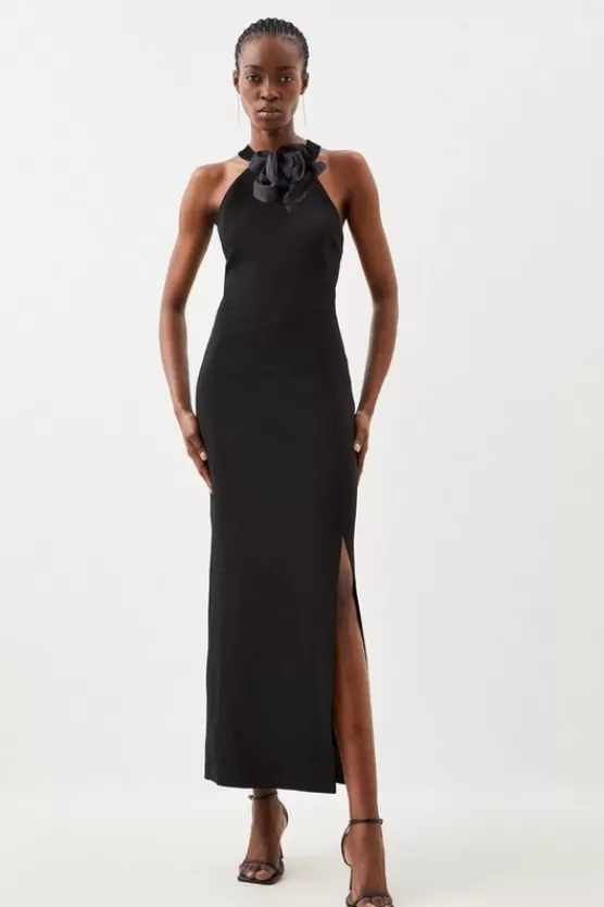 Discount Karen Millen Compact Viscose Small Corsage Detail Tailored Halterneck Midaxi Dress black