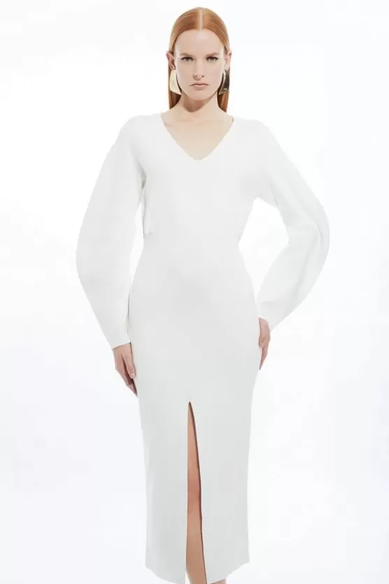 Flash Sale Karen Millen Compact Wool Look V Neck Round Sleeve Knit Midi Dress ivory