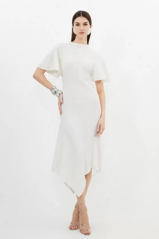 Online Karen Millen Cotton Blend Angel Sleeve Asymmetric Hem Knit Dress cream