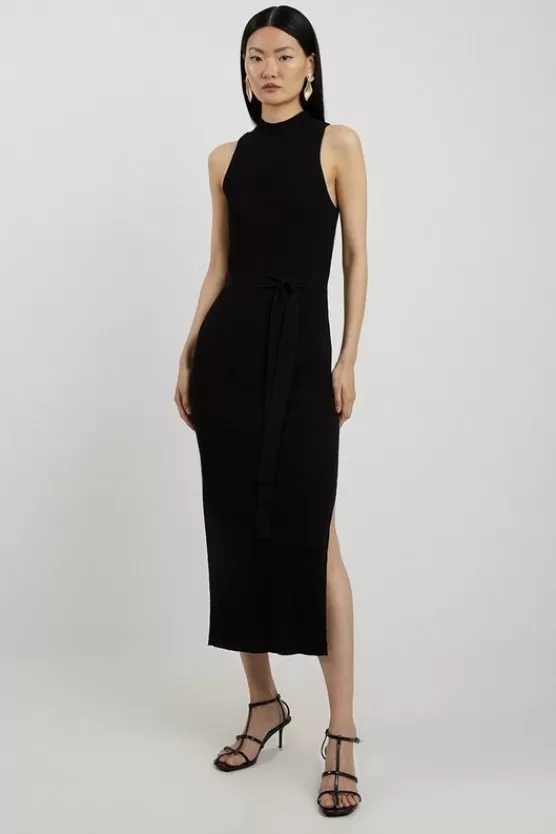 Hot Karen Millen Cotton Blend Belted Knit Racer Midi Dress black