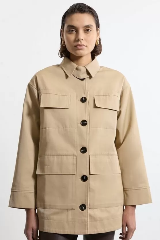 Store Karen Millen Cotton Contrast Lining Pocket Detail Coat camel