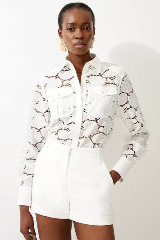 Shop Karen Millen Cotton Cutwork Woven Shirt white