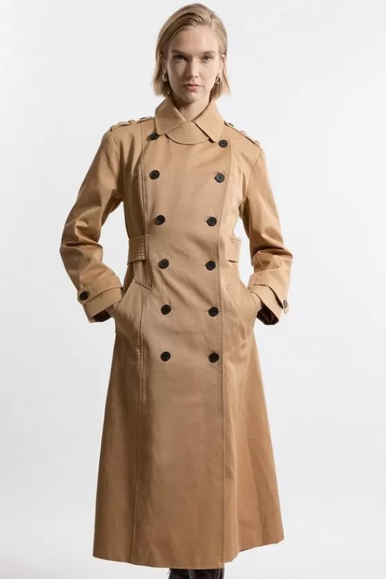 Cheap Karen Millen Cotton Double Breasted Military Tailored Midi Trench Coat camel