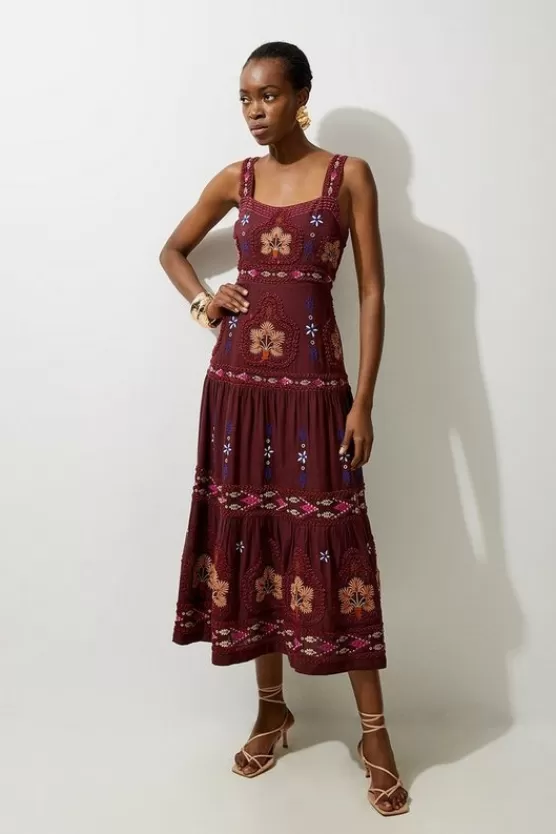 Outlet Karen Millen Cotton Embroidered Strappy Woven Maxi Dress purple