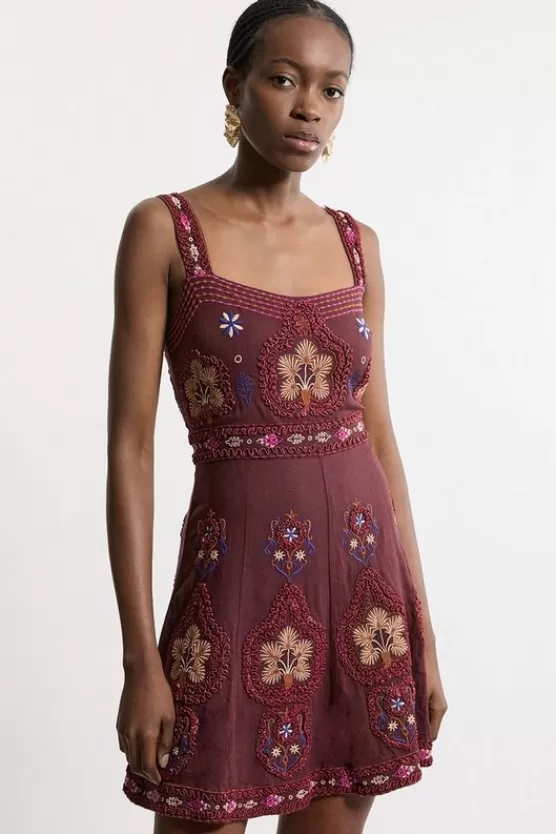 New Karen Millen Cotton Embroidered Strappy Woven Mini Dress purple