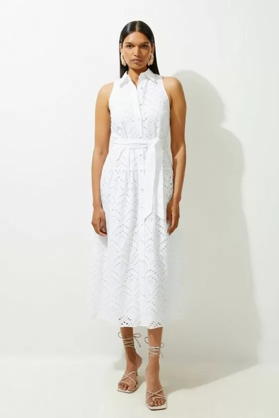 Sale Karen Millen Cotton Eyelet Belted Woven Maxi Shirt Dress ivory