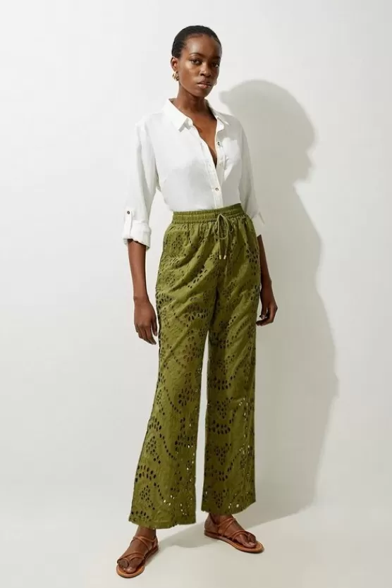 Fashion Karen Millen Cotton Eyelet Woven Wide Leg Pants khaki