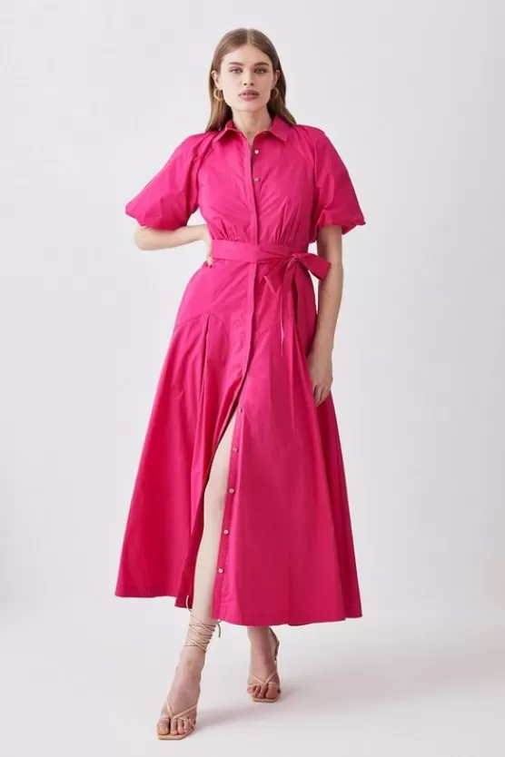 Discount Karen Millen Cotton Poplin Puff Sleeve Woven Shirt Dress With Dropped Waist Detail fuchsia