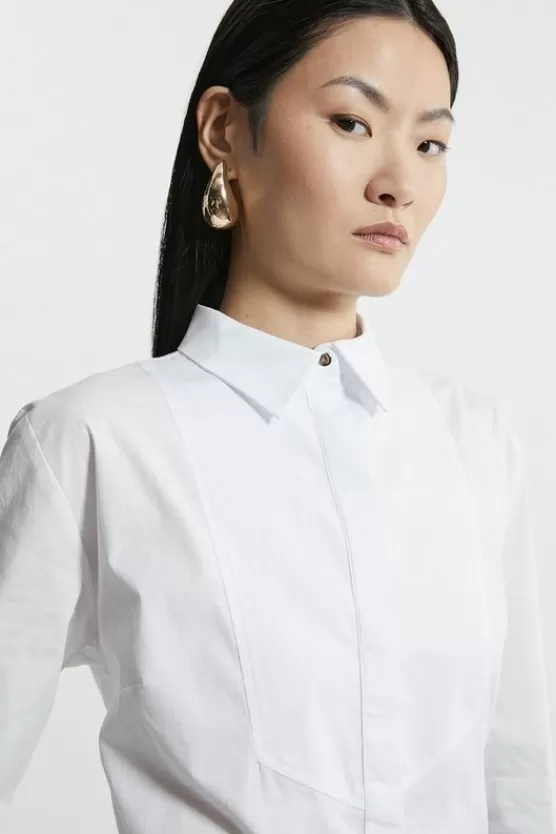 Shop Karen Millen Cotton Poplin Striped Bib Detail Woven Shirt white