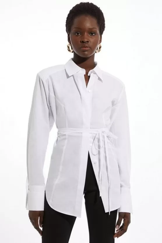 Hot Karen Millen Cotton Poplin Waist Detail Longline Woven Shirt white