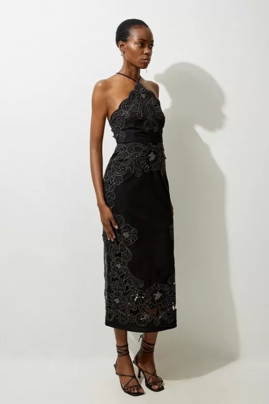 Hot Karen Millen Cotton Quilted Cutwork Beaded Woven Halter Midi Dress black