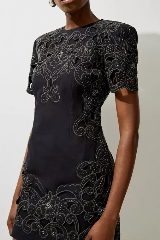 New Karen Millen Cotton Quilted Cutwork Beaded Woven Mini Dress black