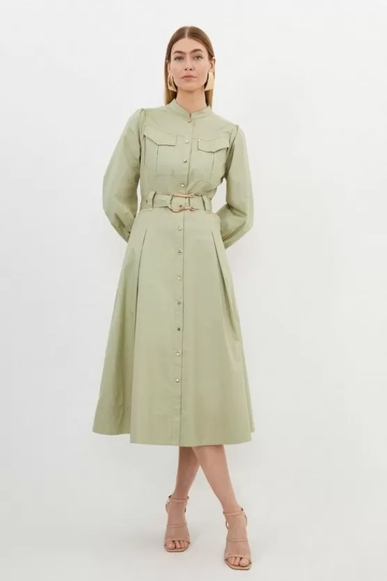 Shop Karen Millen Cotton Sateen Button Detail Woven Midi Shirt Dress khaki