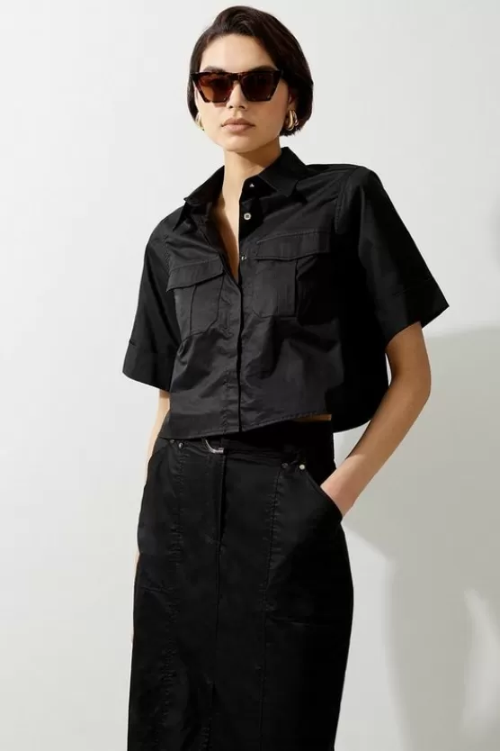 Fashion Karen Millen Cotton Sateen Woven Cargo Crop Shirt black