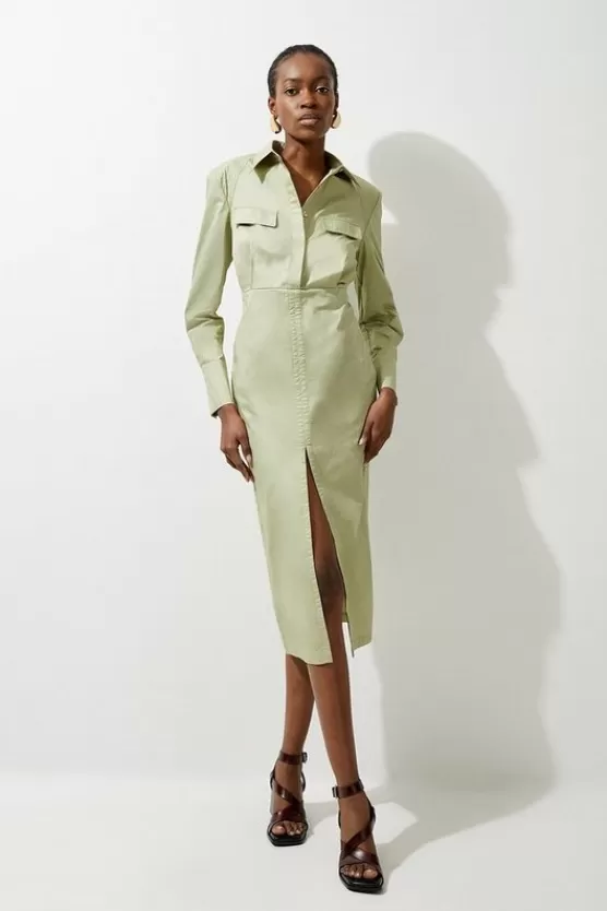 Cheap Karen Millen Cotton Sateen Woven Cargo Shirt Midi Dress khaki