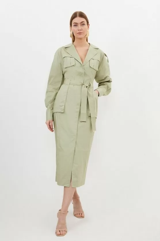 Cheap Karen Millen Cotton Sateen Woven Midi Shirt Dress khaki