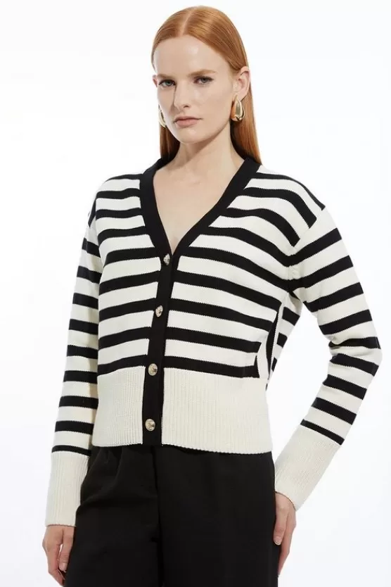 Shop Karen Millen Cotton V Neck Knit Boxy Striped Cardigan mono