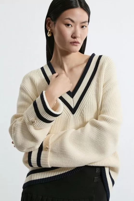 Fashion Karen Millen Cotton V Neck Knit Boxy Sweater cream