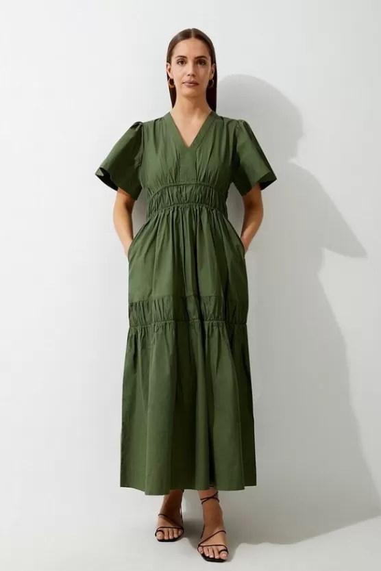 Store Karen Millen Cotton Woven Shirred Tiered Short Sleeve Maxi Dress khaki