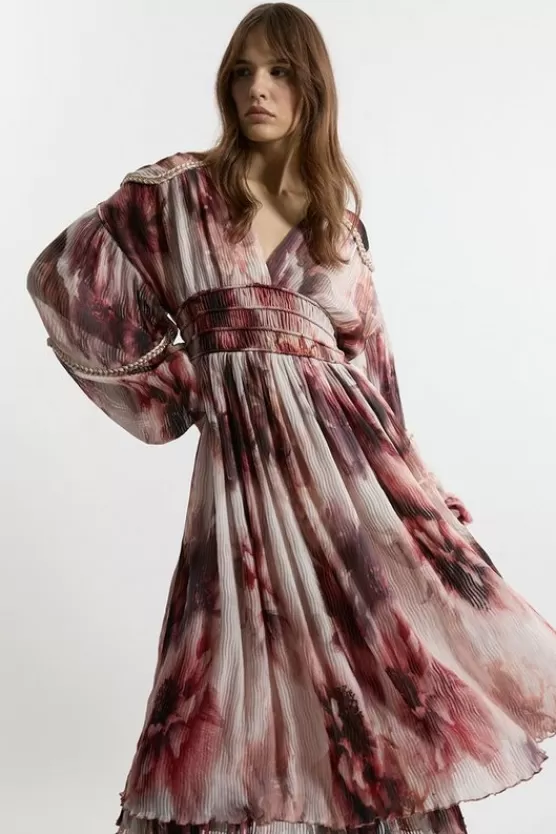 Flash Sale Karen Millen Crinkle Woven Midi Dress With Balloon Sleeve And Embellishment floral
