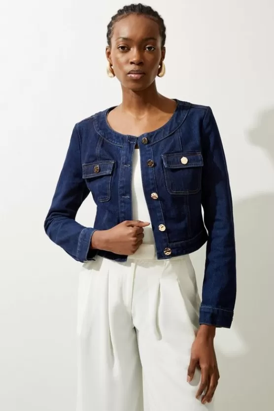 Discount Karen Millen Cropped Denim Pocket Detail Jacket indigo