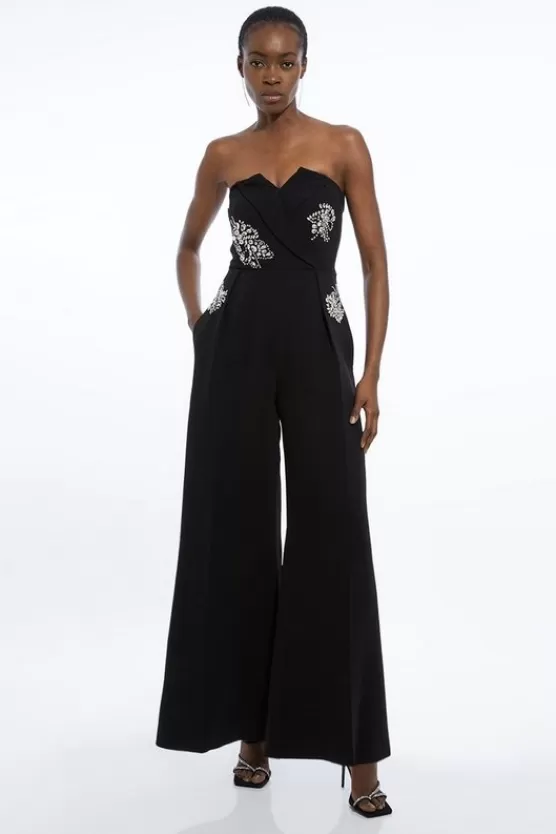 Best Karen Millen Crystal Embellished Bandeau Wrap Tailored Wide Leg Contrast Jumpsuit black