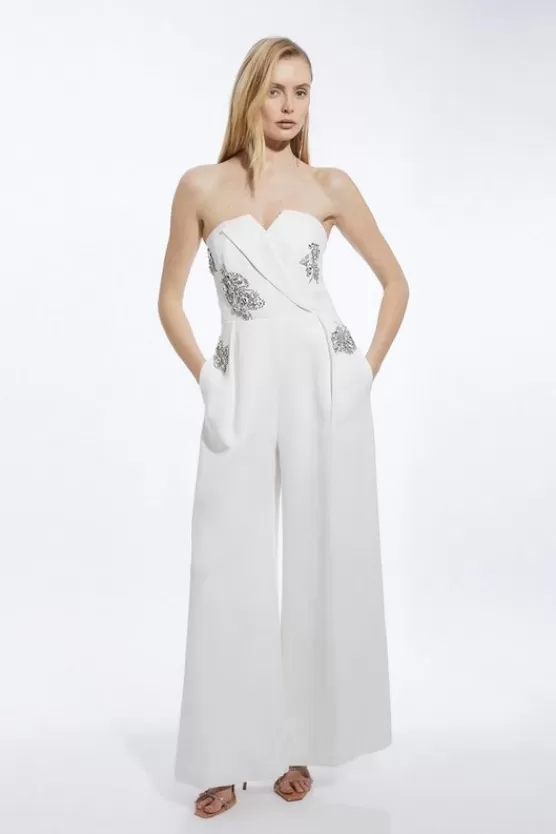 Best Karen Millen Crystal Embellished Bandeau Wrap Tailored Wide Leg Jumpsuit ivory