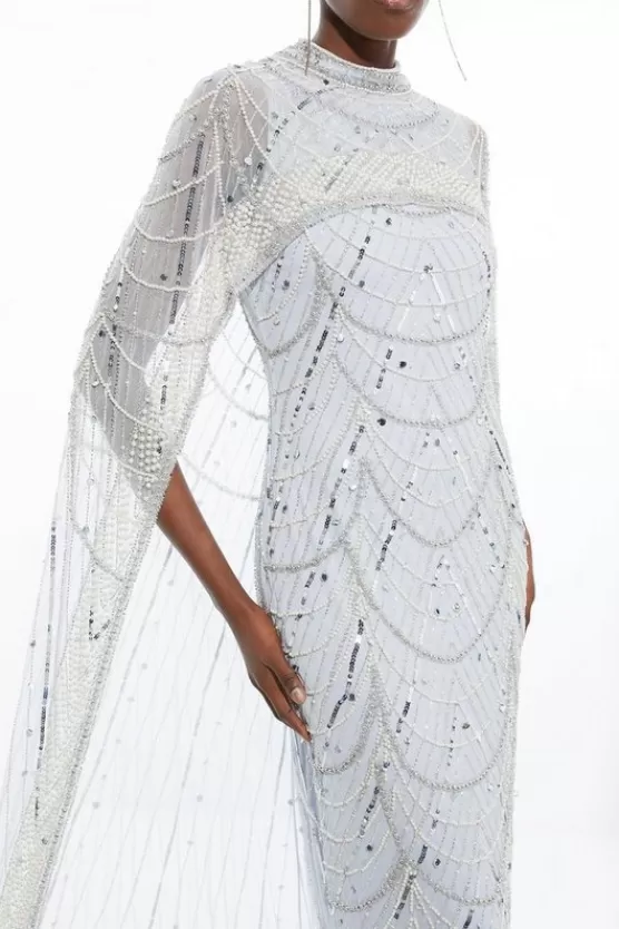 Outlet Karen Millen Crystal Embellished Cape Detail Maxi Dress silver