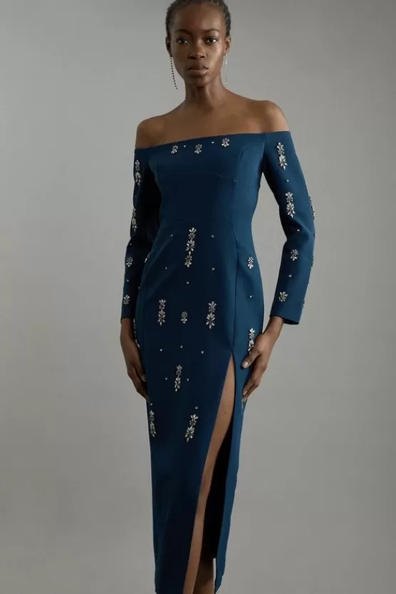 Store Karen Millen Crystal Embellished Corset Detail Off The Shoulder Woven Midaxi Dress navy