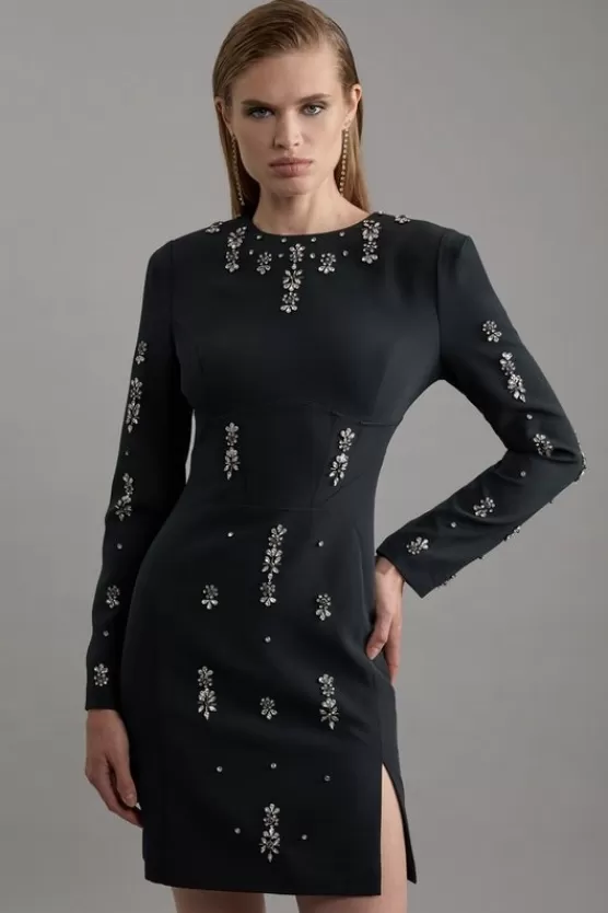 New Karen Millen Crystal Embellished Corset Detail Woven Mini Dress black