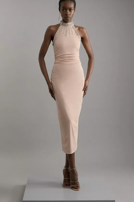 Sale Karen Millen Crystal Embellished Power Mesh Jersey Midi Dress nude