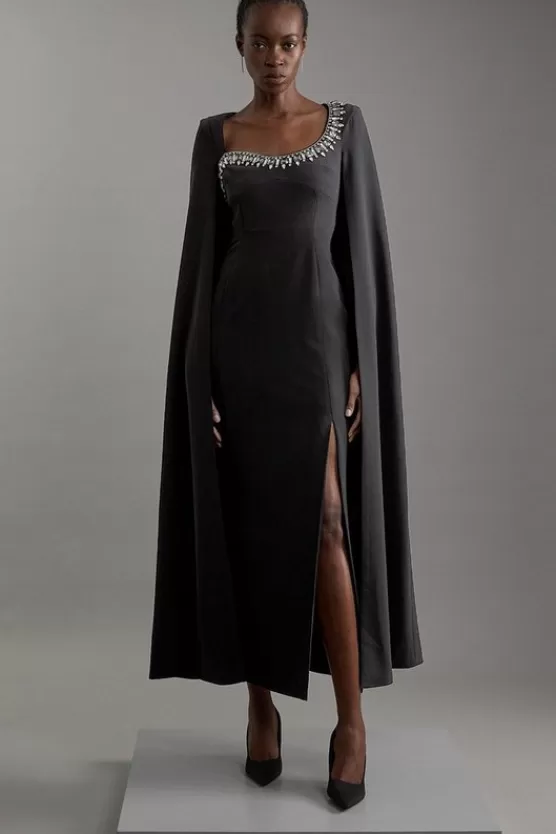 Store Karen Millen Crystal Embellished Viscose Crepe Woven Cape Maxi Dress black