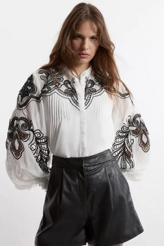 Fashion Karen Millen Cutwork Beaded Embroidered Woven Blouse mono