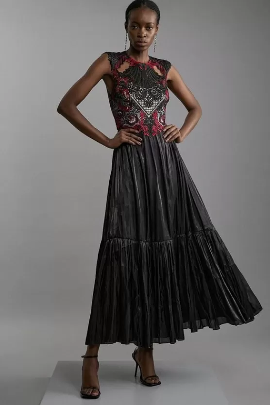 Shop Karen Millen Cutwork Embroidery Pleated Maxi Dress black