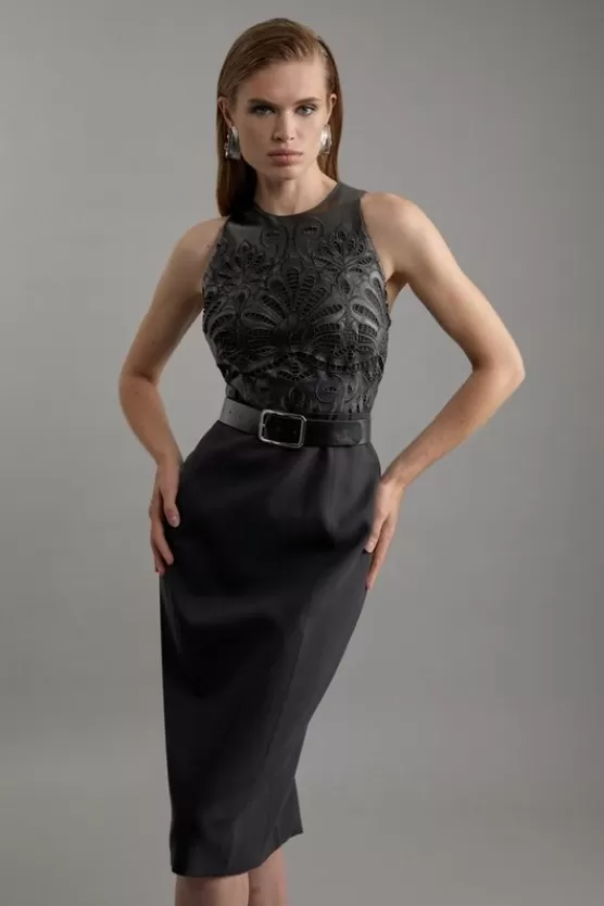 Shop Karen Millen Cutwork Pu Halter Neck Belted Tailored Midi Dress black