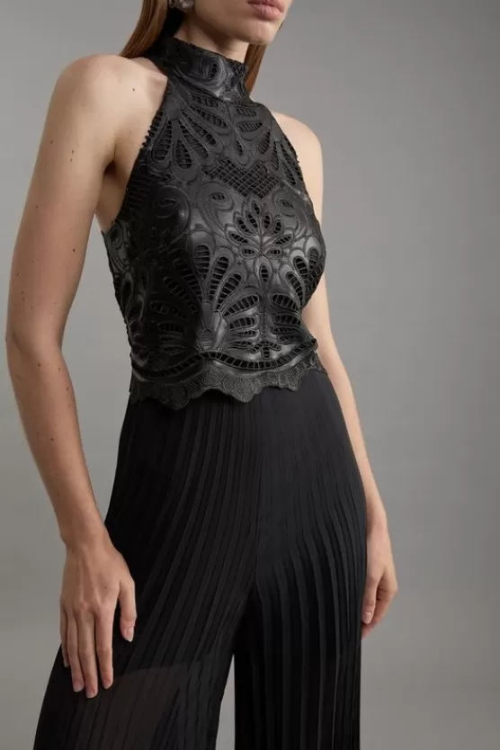 Best Karen Millen Cutwork Pu Halter Neck Pleated Wide Leg Tailored Jumpsuit black
