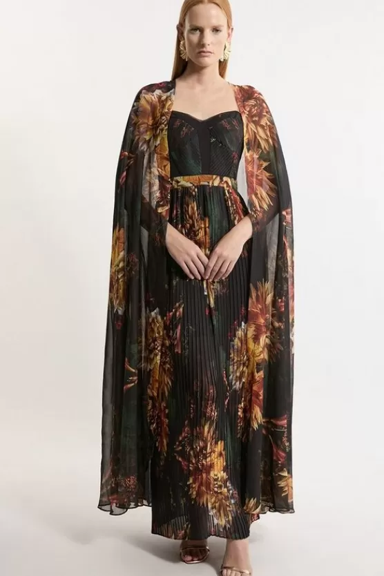 Shop Karen Millen Dark Print Woven Pleated Cape Maxi Dress floral